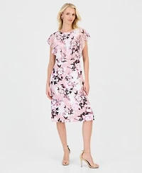 Connected Womens Floral Print Flutter Sleeve Midi Dress