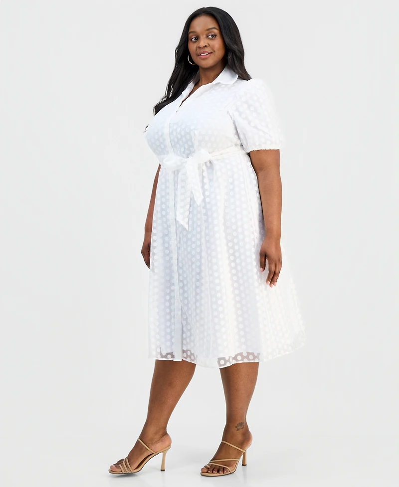 Sandra Darren Plus Clip Dot Puff-Sleeve Midi Shirtdress