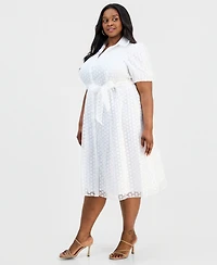 Sandra Darren Plus Clip Dot Puff-Sleeve Midi Shirtdress