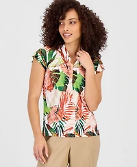 Kasper Petite Printed Cap-Sleeve V-Neck Top