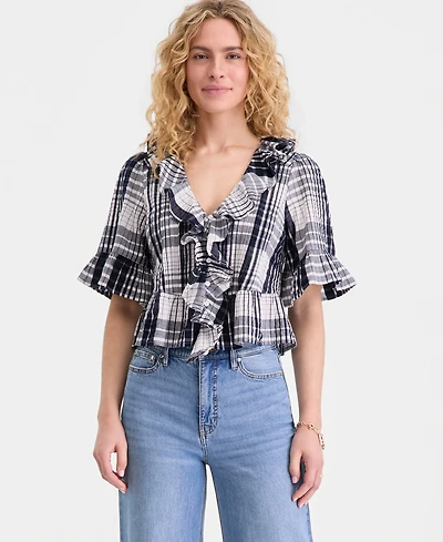 On 34th Women's Short Sleeve Ruffle-Front Cotton Blouse, Macy's Exclusive
