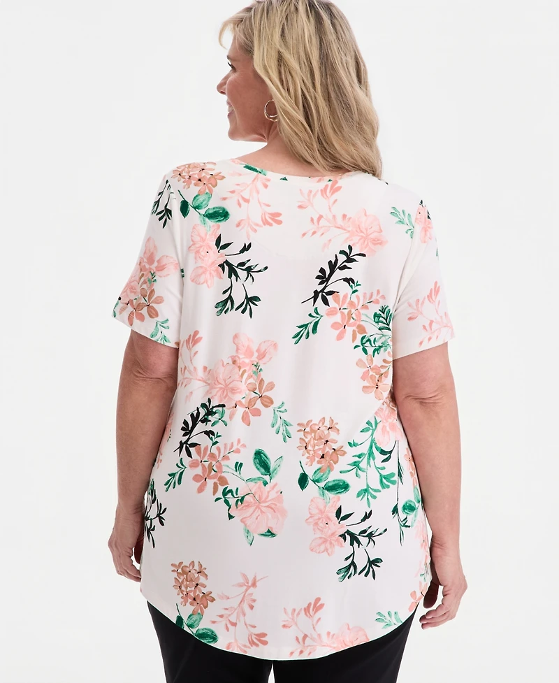Jm Collection Plus Size Reve Garden Scoop-Neck T-Shirt, Macy's Exclusive