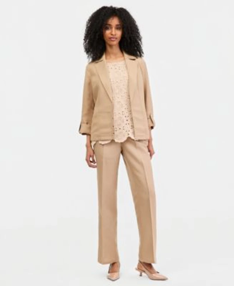 Kasper Open Front Blazer Crocheted Top Pull On Pants