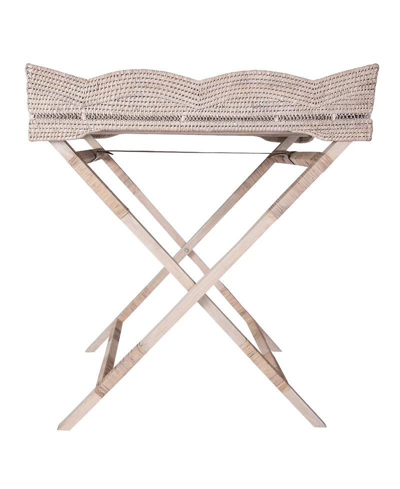 Artifacts Rattan Scallop Design Butler Tray with Wooden Legs & Glass Insert