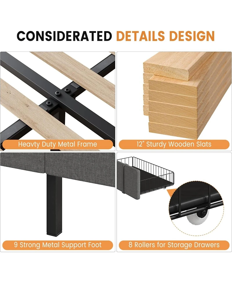 gaomon Bed Frame, Upholstered Platform Frame with Storage Drawers, Mattress Foundation Solid Wooden Slats Support, No Box Spring Needed