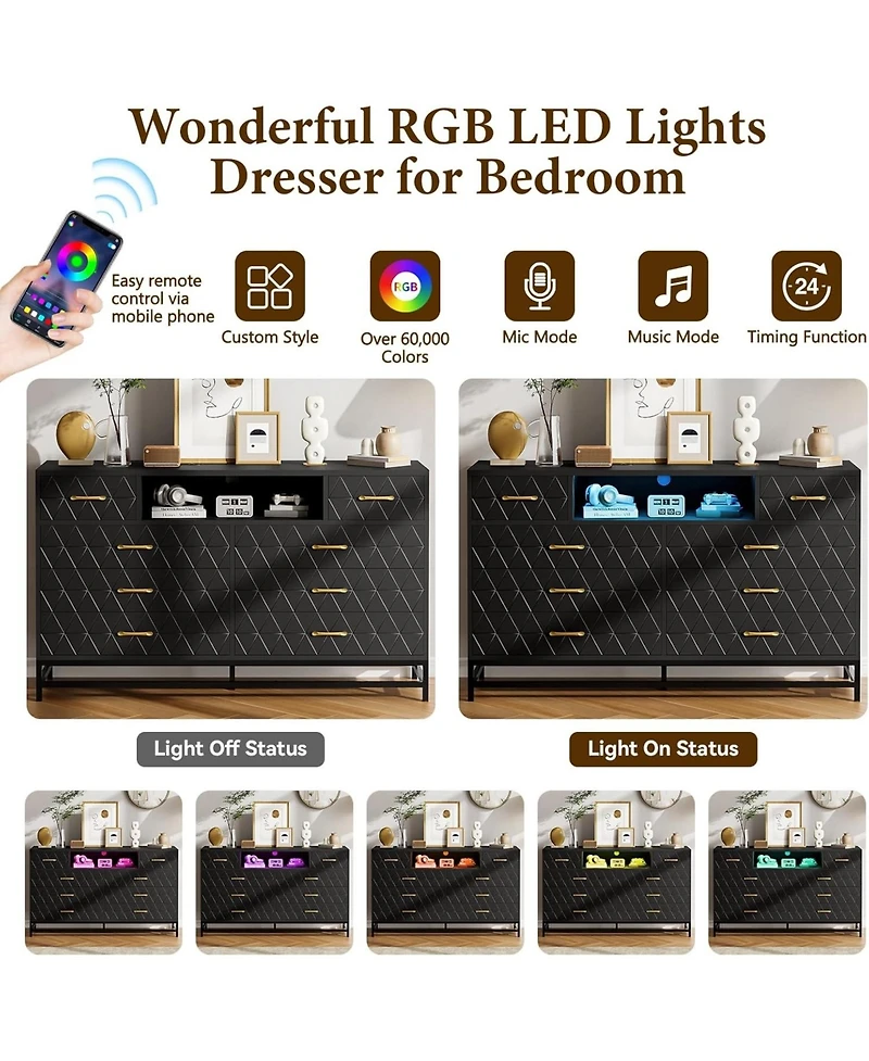 gaomon 8 Drawer Dresser for Bedroom, Pink Dresser with Led Light, 55 in Tv Stand Dressers with Power Outlet, Large Dressers Bedroom with Deep Drawers,