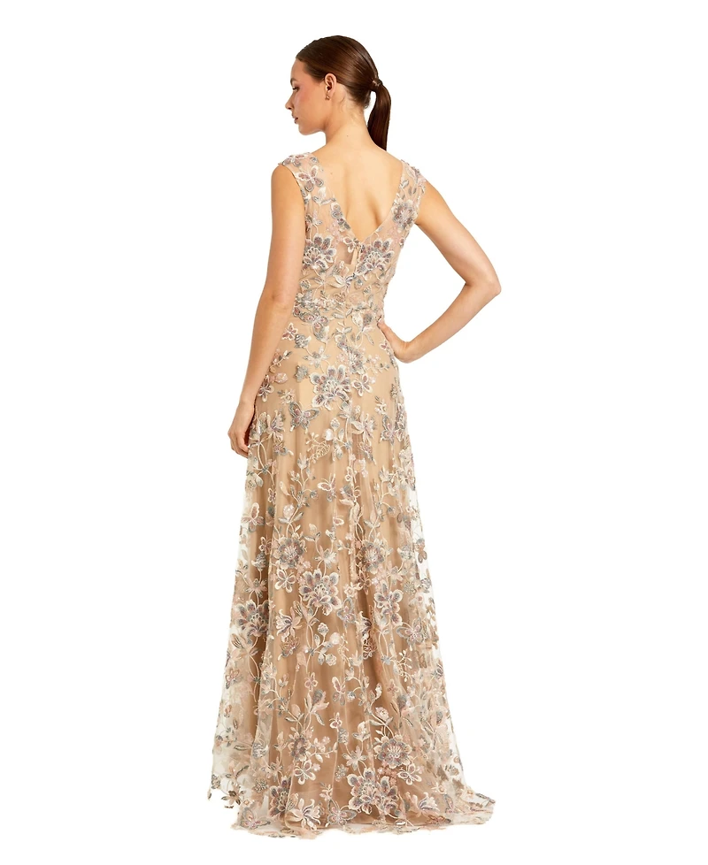 Mac Duggal Women's Floral Embroidered Sleeveless V Neck Gown