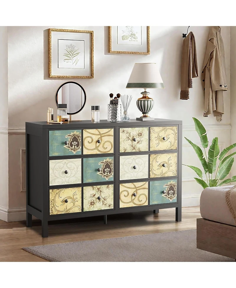 gaomon Drawer Dresser with Power Outlet, Farmhouse Dresser with Metal Handle, Vintage Design