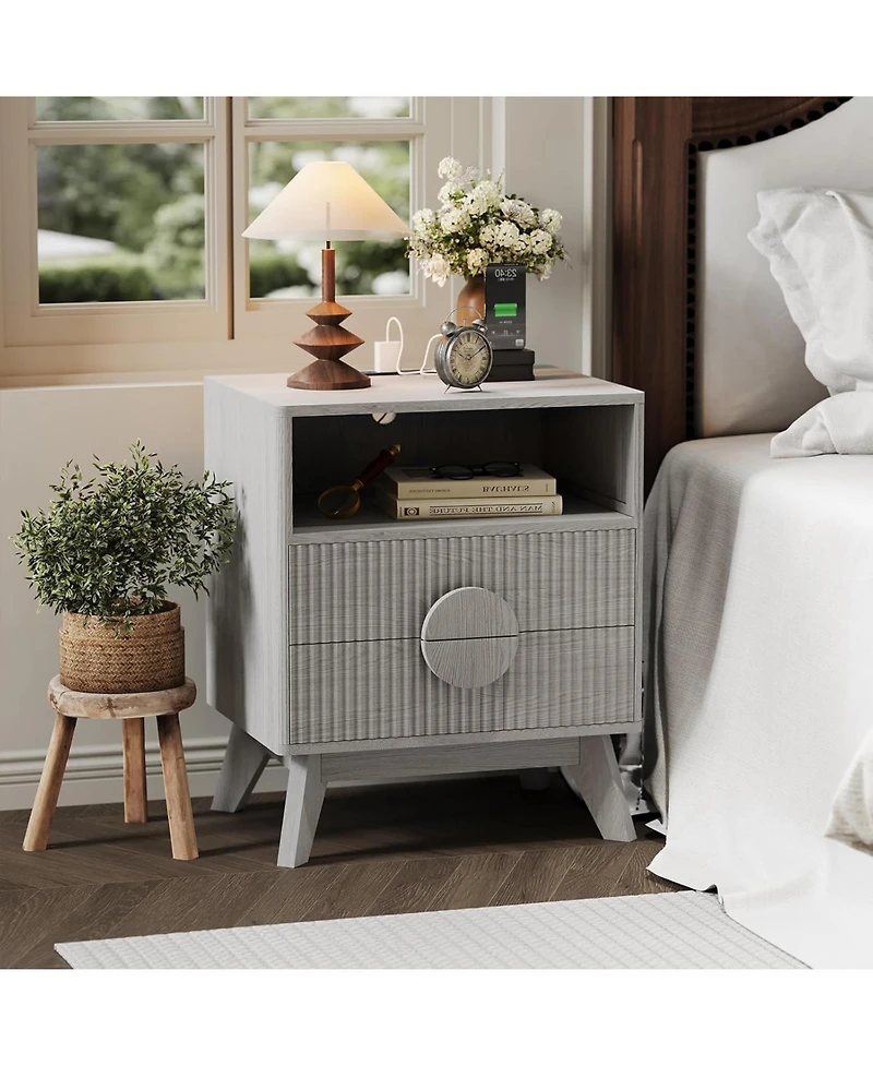 gaomon Modern Wood Nightstand with Charging Station, Fluted Bedside Table with Drawers and Shelf for Bedroom, Living Room