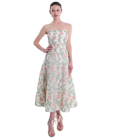 Marchesa Notte Women's Midi Strapless 3D Floral Embroidery Dress