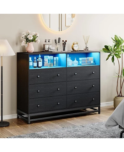 gaomon Dresser for Bedroom,Wide Wood Dresser with 6 Drawers,Storage Chest of Drawers with Plug-in Charging Hub&,Sturdy Steel Frame,55 Inch Tv Stand