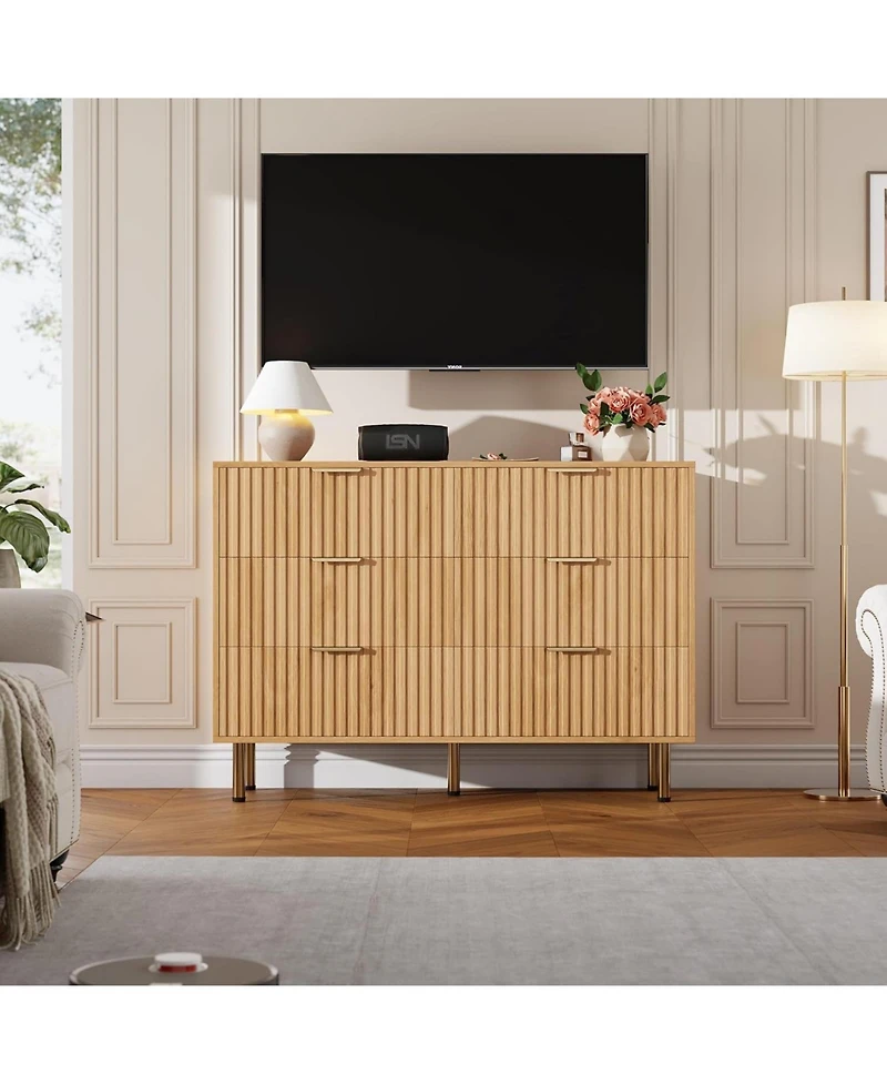 gaomon 6 Drawer Dresser for Bedroom, Fluted Dresser with Large Drawers and Sturdy Gold Legs Support, Dressers & Chests of Drawers for Bedroom