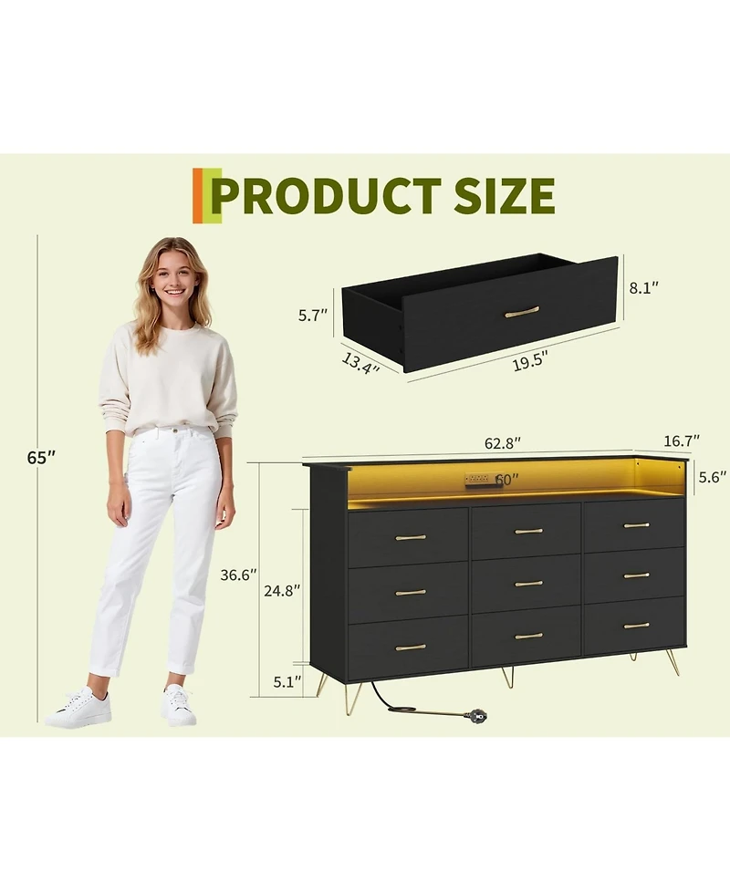 Gaomon 9 Drawer Wooden Dressers for Bedroom with Led Lights & Charging Station, Wood Chest of Drawers with App Control