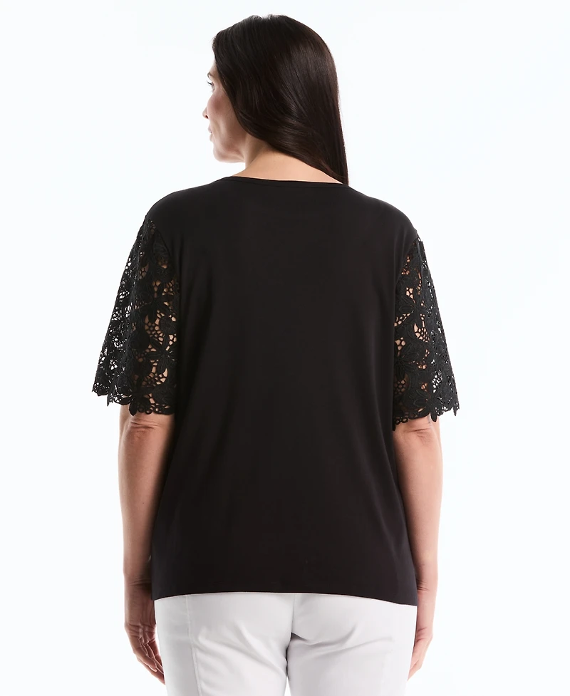 Rafaella Plus Drape Lace Sleeve Crewneck Top