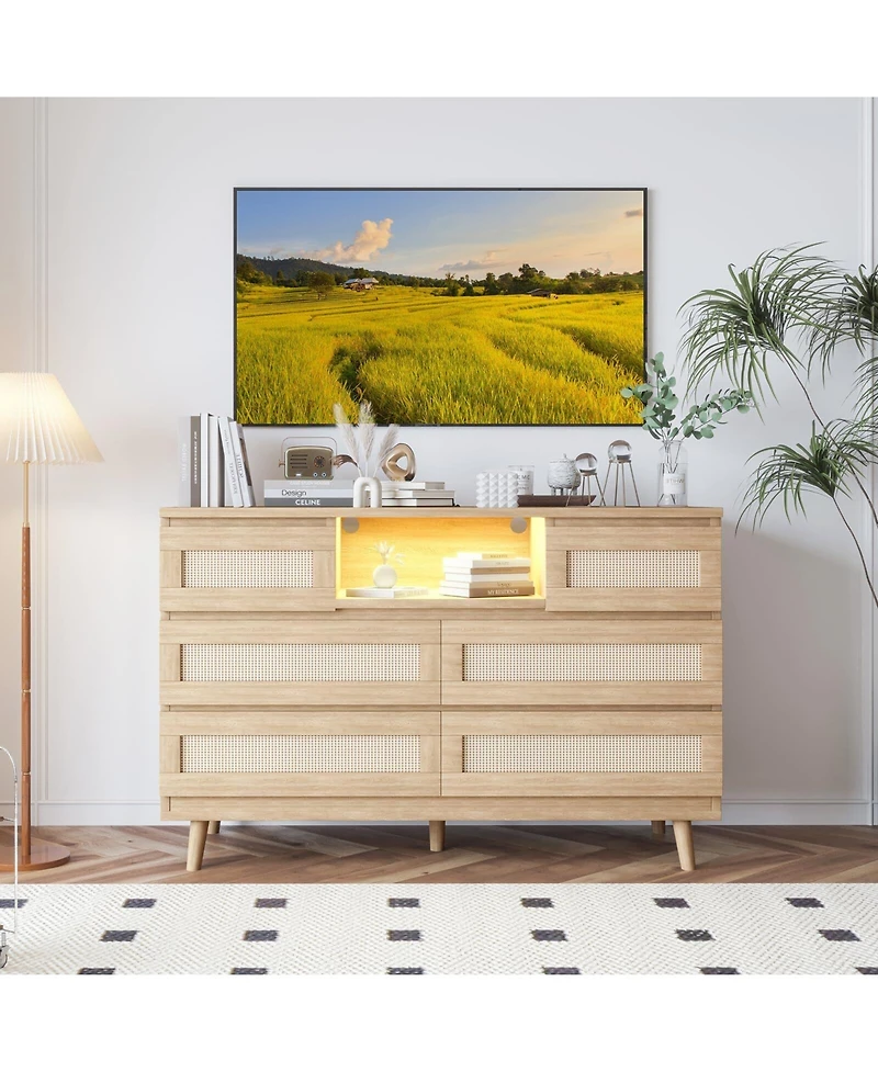 gaomon Natural Rattan Dresser for Bedroom with Led light and Charging Station