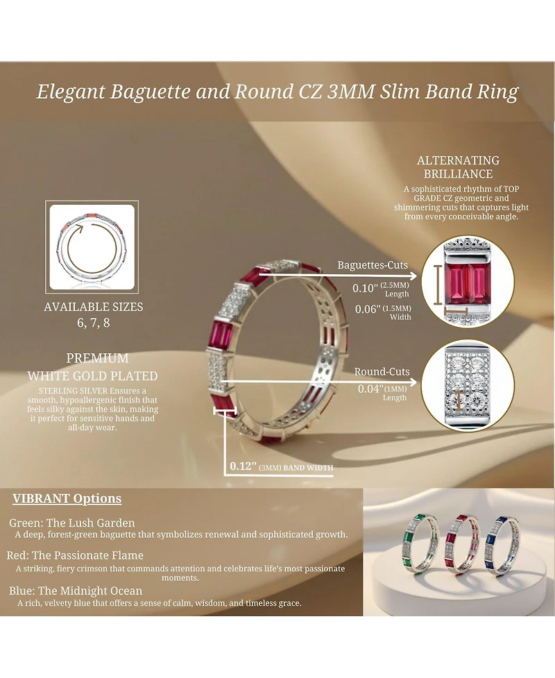 Sterling Silver White Gold Plated with Red Baguette & Round Cubic Zirconia Eternity Band Stacking Ring