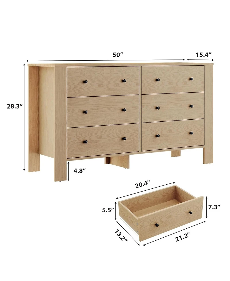 gaomon Natural Oak 6-Drawer Dresser, Modern Double Dresser and Storage Organizer for Bedroom or Entryway
