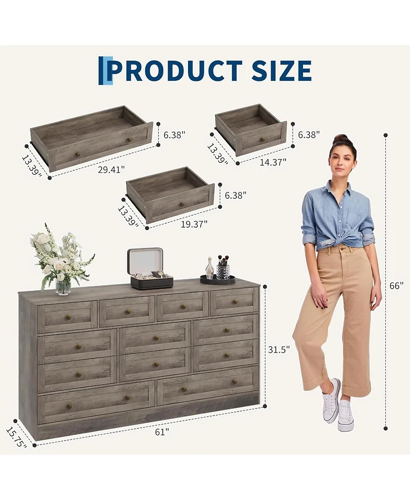 gaomon 12 Drawers Wooden Dressers for Bedroom, Wood Chest of Clothes Storage Organizer Living Room, Hallway, Modern Wide Tv Stand Dresser