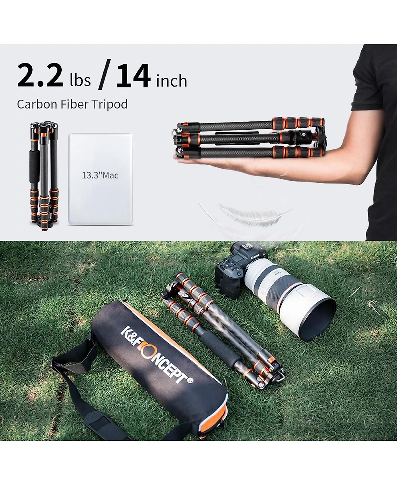 K&F Concept BA225 5-Section Carbon Fiber Tripod/Monopod with 360-Degree Ball Head, 17.6 lbs Capacity