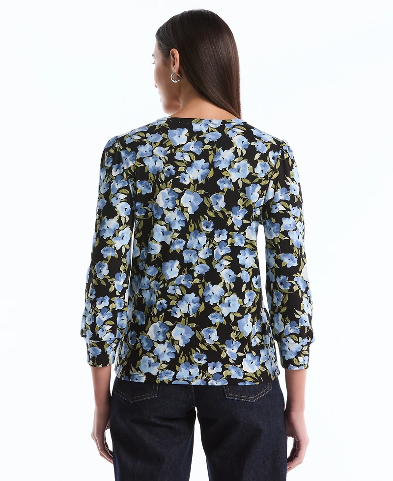 Rafaella Petite Floral Print Shirred Henley Neck Top