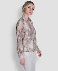 Dkny Women's Printed Ruffle Front Long-Sleeve Collared Blouse