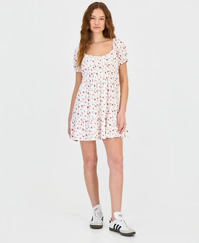 Kingston Grey Juniors' Floral Print Eyelet Puff-Sleeve Mini Dress