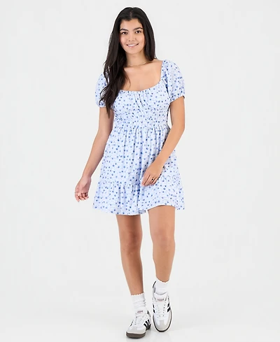 Kingston Grey Juniors' Floral Print Eyelet Puff-Sleeve Mini Dress