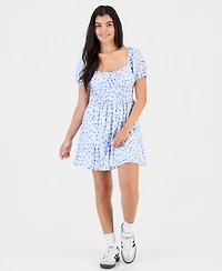 Kingston Grey Juniors' Floral Print Eyelet Puff-Sleeve Mini Dress