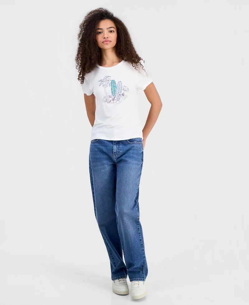 Rebellious One Juniors' Embellished Surfboard Graphic T-Shirt