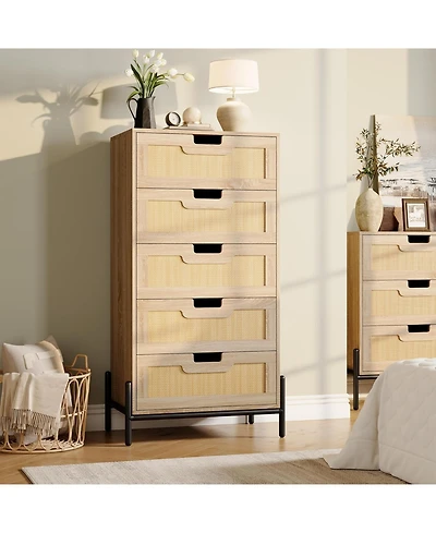 gaomon Rattan 5 Drawer Dresser for Bedroom, Modern Farmhouse Wooden Storage Cabinet with Legs, Dressers & Chests of Drawers for Bedroom, Living Room