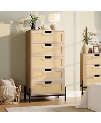 gaomon Rattan 5 Drawer Dresser for Bedroom, Modern Farmhouse Wooden Storage Cabinet with Legs, Dressers & Chests of Drawers for Bedroom, Living Room