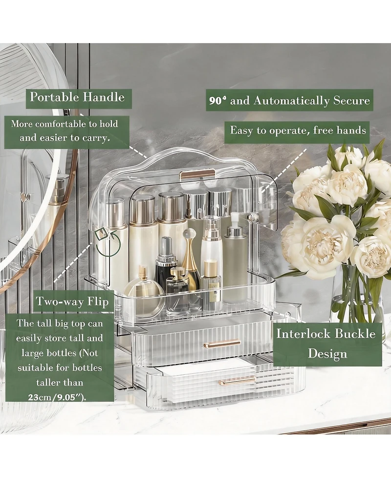 Yigii Cosmetics Organizer with Clear Lid, Drawers, Portable Handle, Dustproof, Space-saving