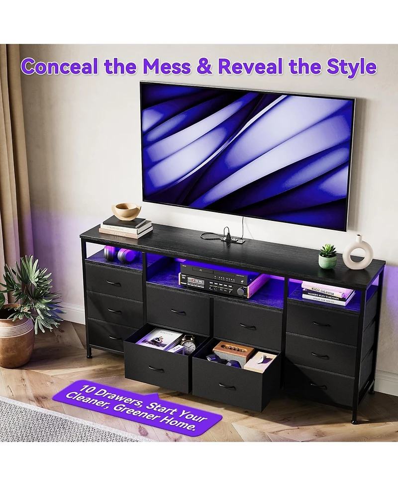 gaomon 63" Dresser with 10 Fabric Drawers, Wide Tv Stand Built-in Usb Ports & Led Lighting, Multi-Functional Storage Unit for 75 Inch