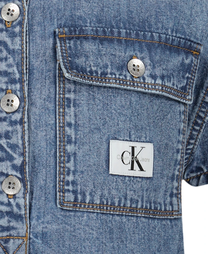 Calvin Klein Girls' 7-16 Short-Sleeve Patch Pocket Denim Shirtdress