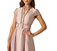 Adrianna Papell Women's Mikado Belt V-Neck Short-Sleeve Gown