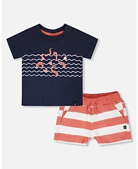 Deux par Baby Boys Cotton T-Shirt and Short Set Blue Brick Stripes
