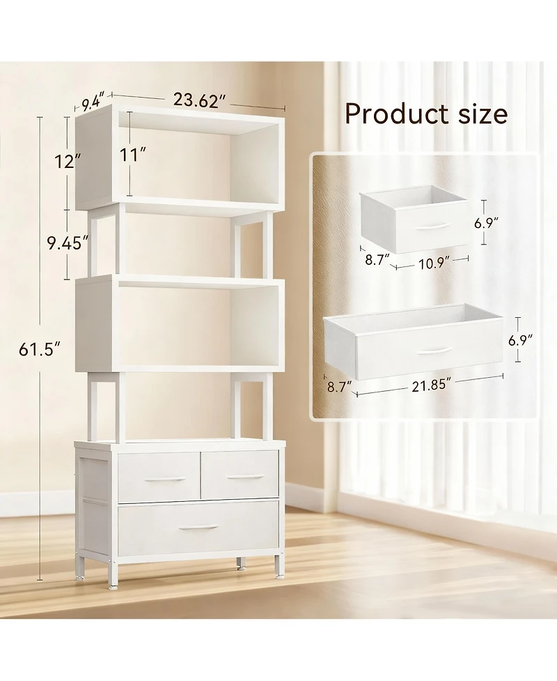 Yigii 7-Tier Geometric Bookshelf with Fabric Drawers for Modern Home Decor