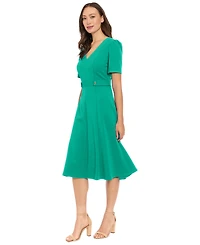 London Times Women's V-Neck Side Tab Midi Dress