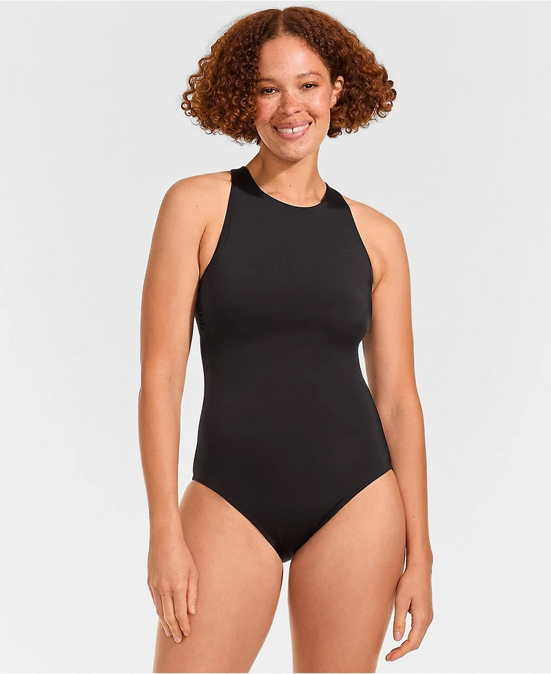 Lands' End Petite Tugless High Neck Portrait Back One Piece Swimsuit