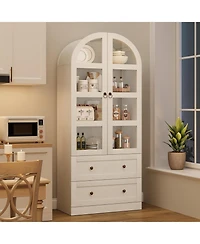 gaomon 72" Tall Dome Bookcase with Drawers, 4-Tier Wooden Bookshelf Storage Cabinet with Glass Door, Farmhouse Arched Cabinet with Display Shelve