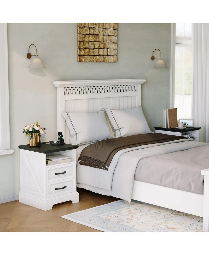 gaomon Farmhouse Nightstand with Charging Station Large Rustic Bedside Table with 2 Drawers & Open Shelf, Usb Ports & Ac Outlets for Bedroom