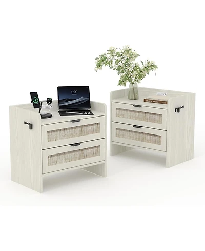 gaomon Set of 2 Boho Rattan Nightstands, Each Equipped with a Modern Type-c Charging Station and 2 Large Storage Drawers