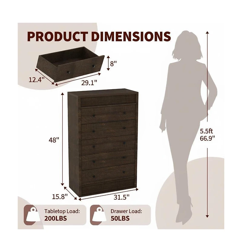 gaomon 5 Drawer Tall Dresser for Bedroom, 31.5" Wide Fluted Chest of Drawers, Modern Wood Storage Cabinet Kids Room, Hallway, Living Room