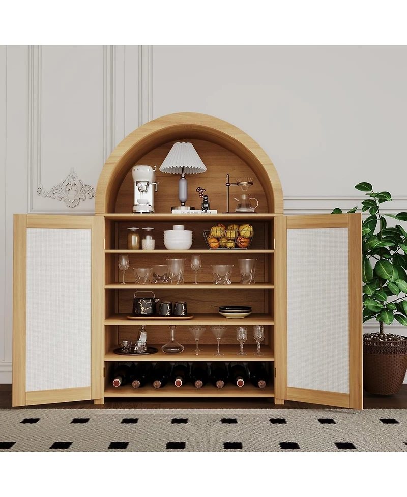 gaomon 47.8" Farmhouse Arched Shoe Cabinet with Rattan Doors, 5-Tier Shoe Rack with Adjustable Shelves, Storage Cabinet Organizer for Entryway