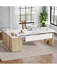 Tribesigns Large Executive Desk, 74.8 Inch L Shaped Computer Desk with Shelves and Cpu Storage, Modern Workstation Set, White and Wood