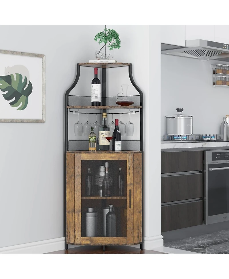 Gaomon Brown Wooden Farmhouse Wine Bar Corner Cabinet with Detachable Rack, Mesh Door, Glass Rack, and Storage