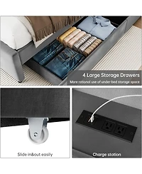 gaomon Full Size Bed Frame with Storage Headboard & Charging Station, Upholstered Platform Bed with 4 Drawers and Wooden Slats