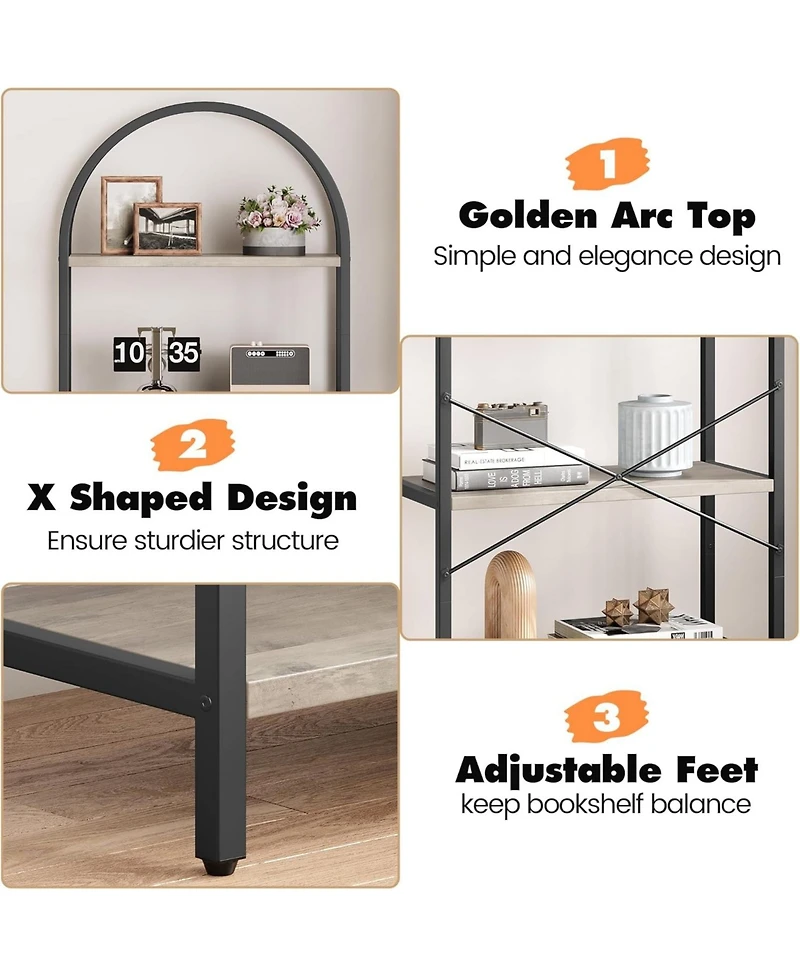 Gaomon Arched 5-Tier Modern Bookshelf, Gold Metal Frame Tall Wood Storage Shelf for Living Room Bedroom