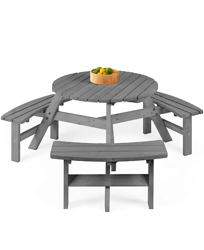 Best Choice Products 6-Person Circular Outdoor Wooden Picnic Table w/ 3 Built-In Benches, Umbrella Hole