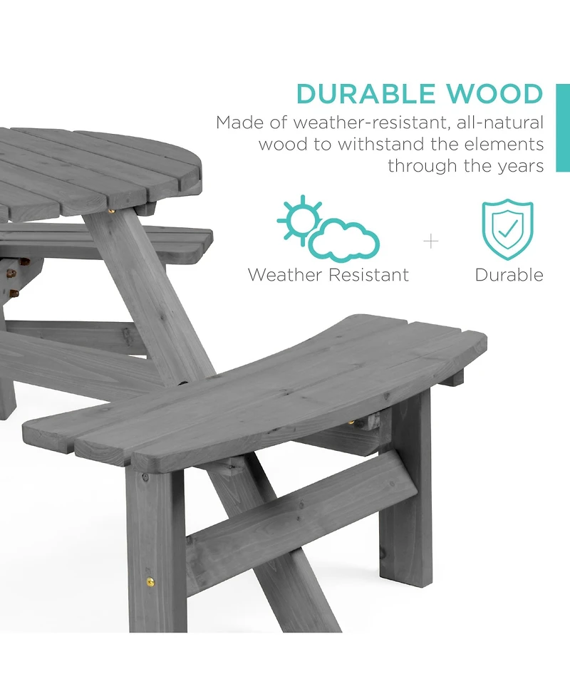 Best Choice Products 6-Person Circular Outdoor Wooden Picnic Table w/ 3 Built-In Benches, Umbrella Hole